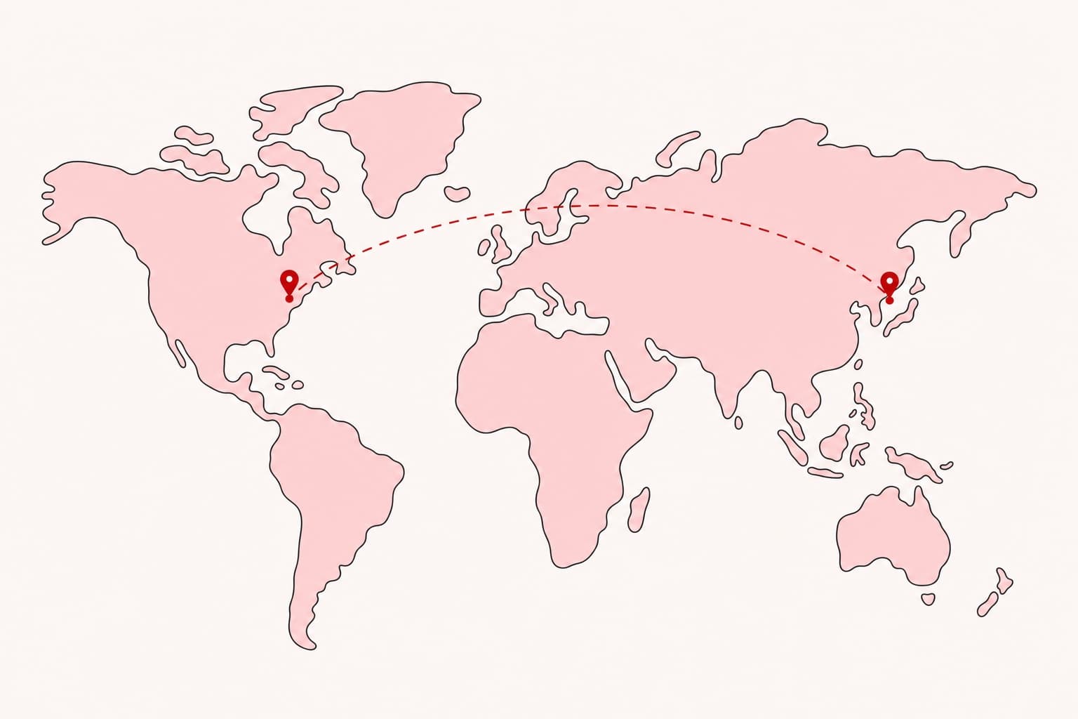 A flat illustration of a world map with a dashed route line arcing between two pins