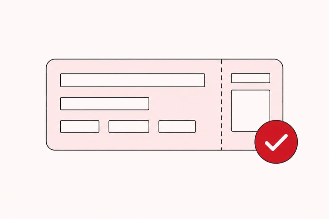 A flat illustration of a boarding pass carrying a red confirmation check
