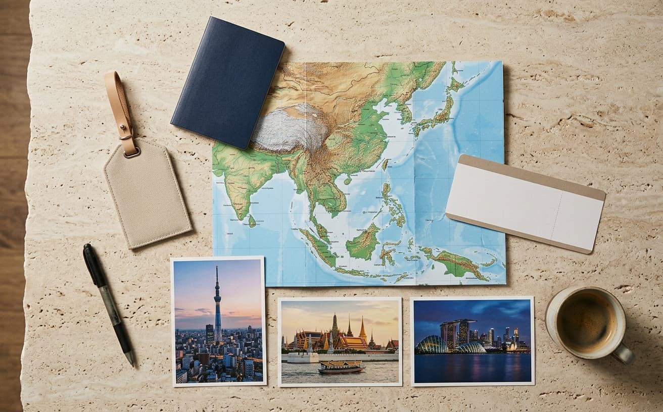 Map of East and Southeast Asia with a passport, boarding card, and destination postcards