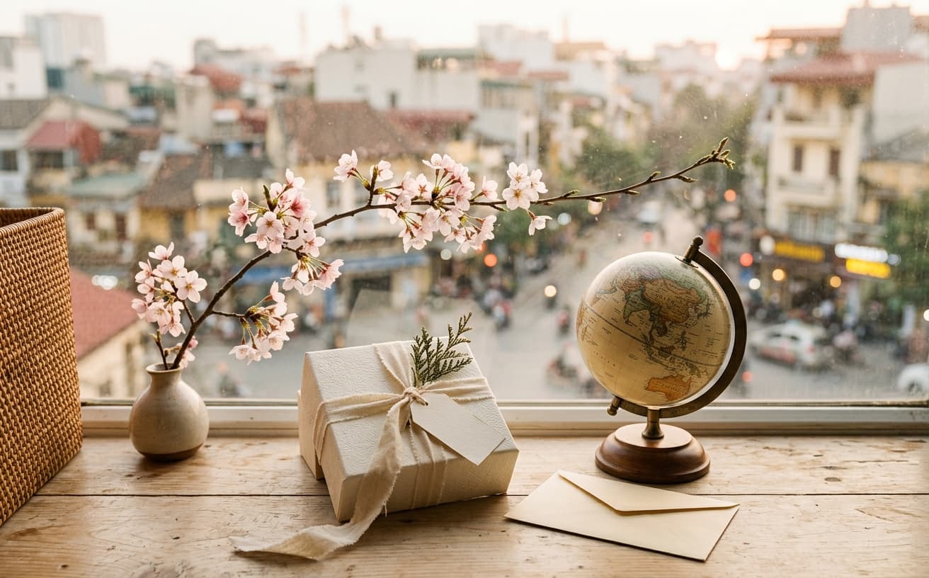 Wrapped travel gift, globe turned toward Asia, and cherry blossoms by a city window