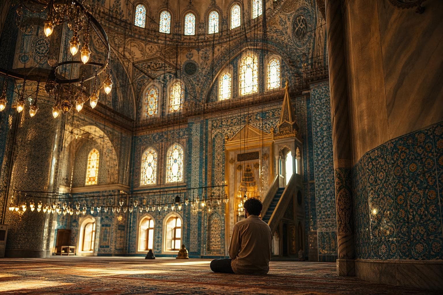 Tiled interior of a domed Ottoman mosque, lamps hanging low over the carpet