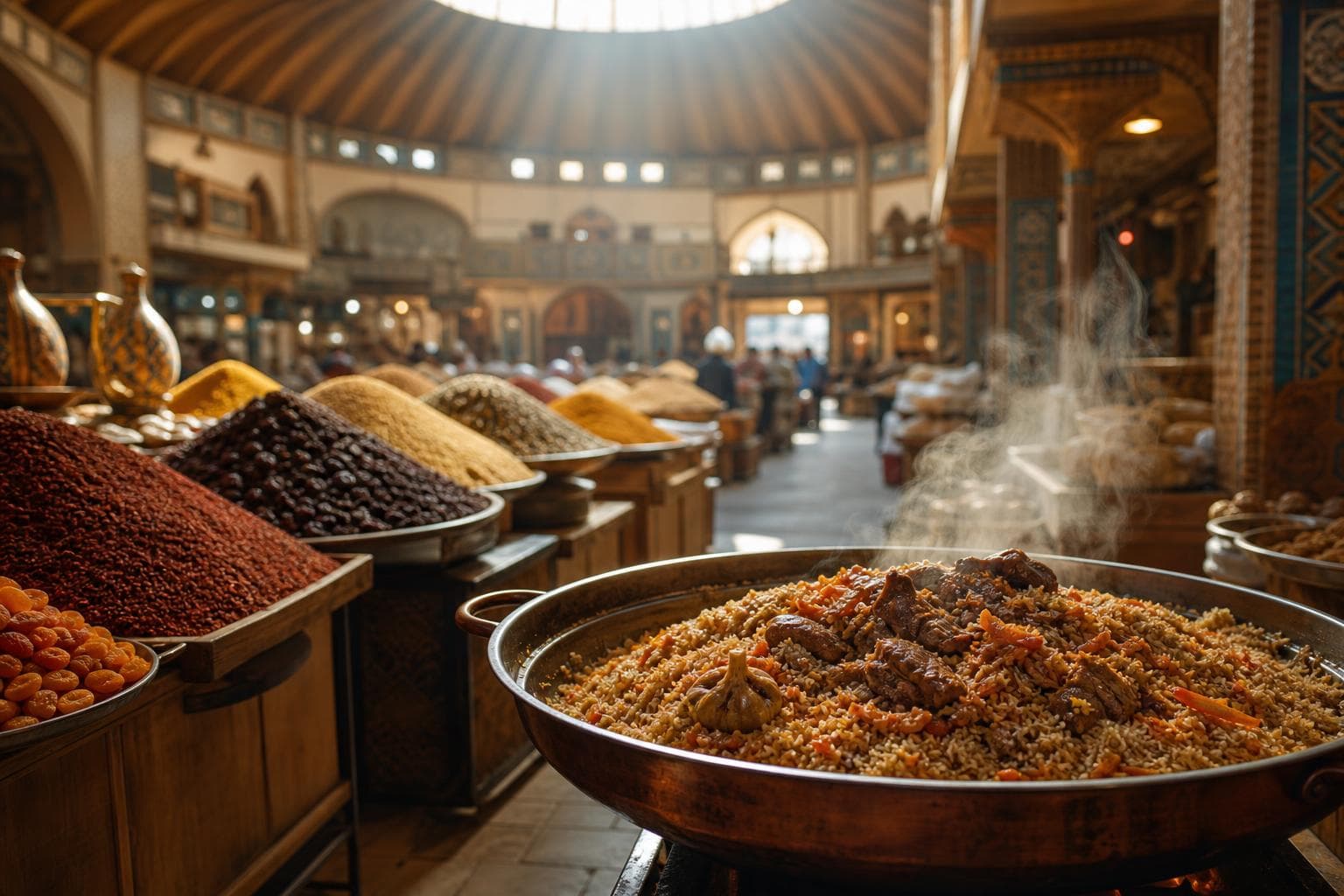 Spice stalls under the dome of a Central Asian bazaar, a wide pan of plov in front