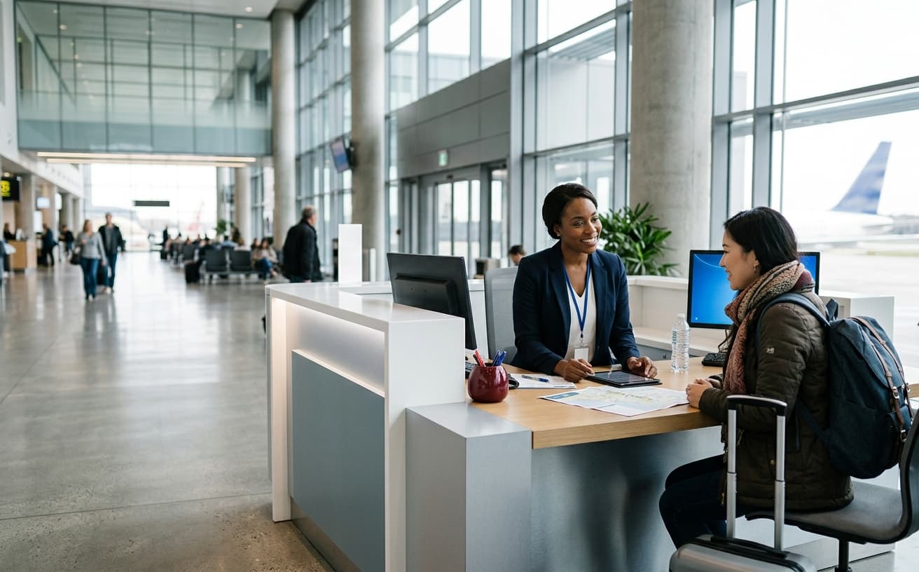 Airport adviser helping a traveler at a bright assistance desk