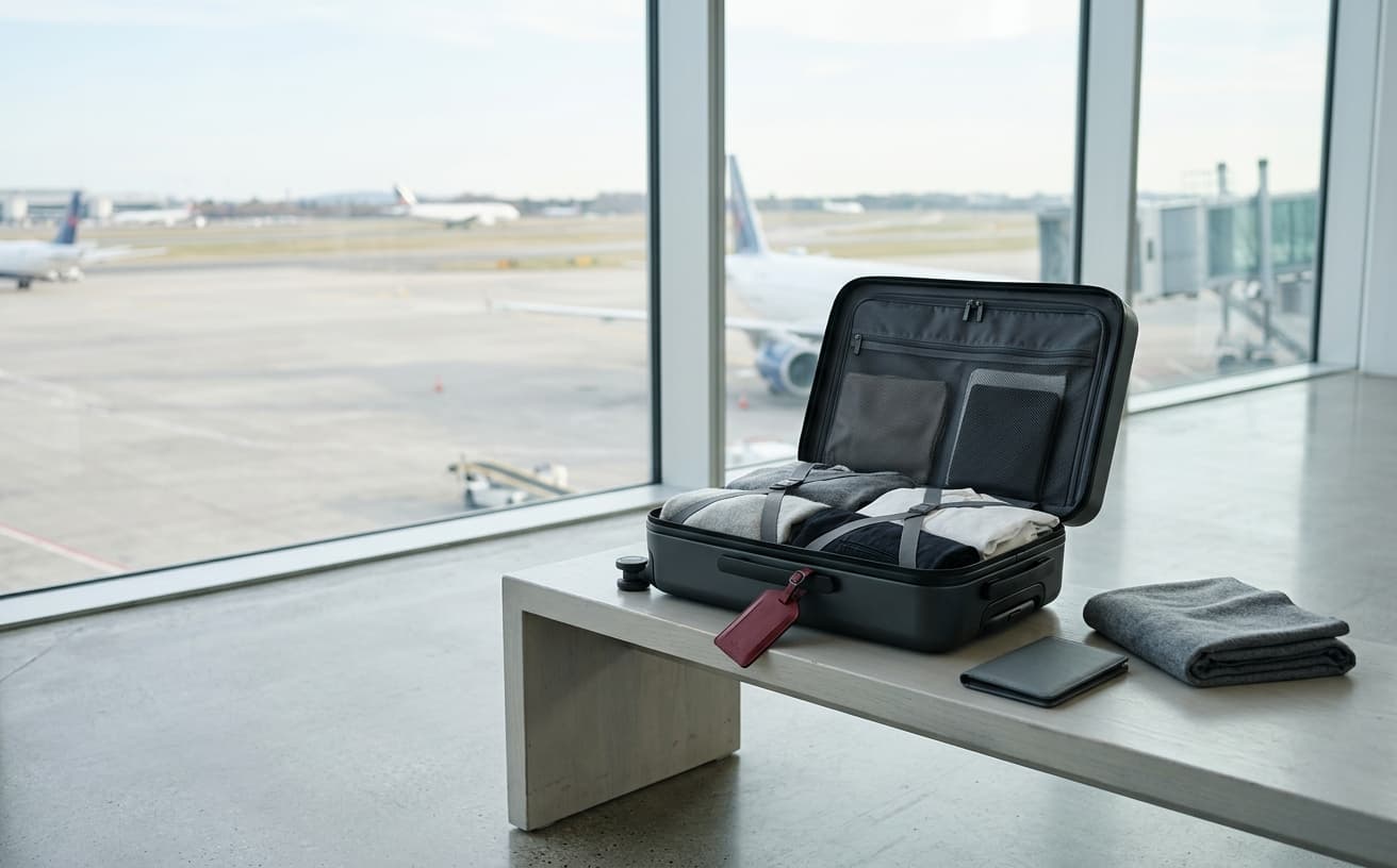 Open carry-on suitcase prepared beside an airport window
