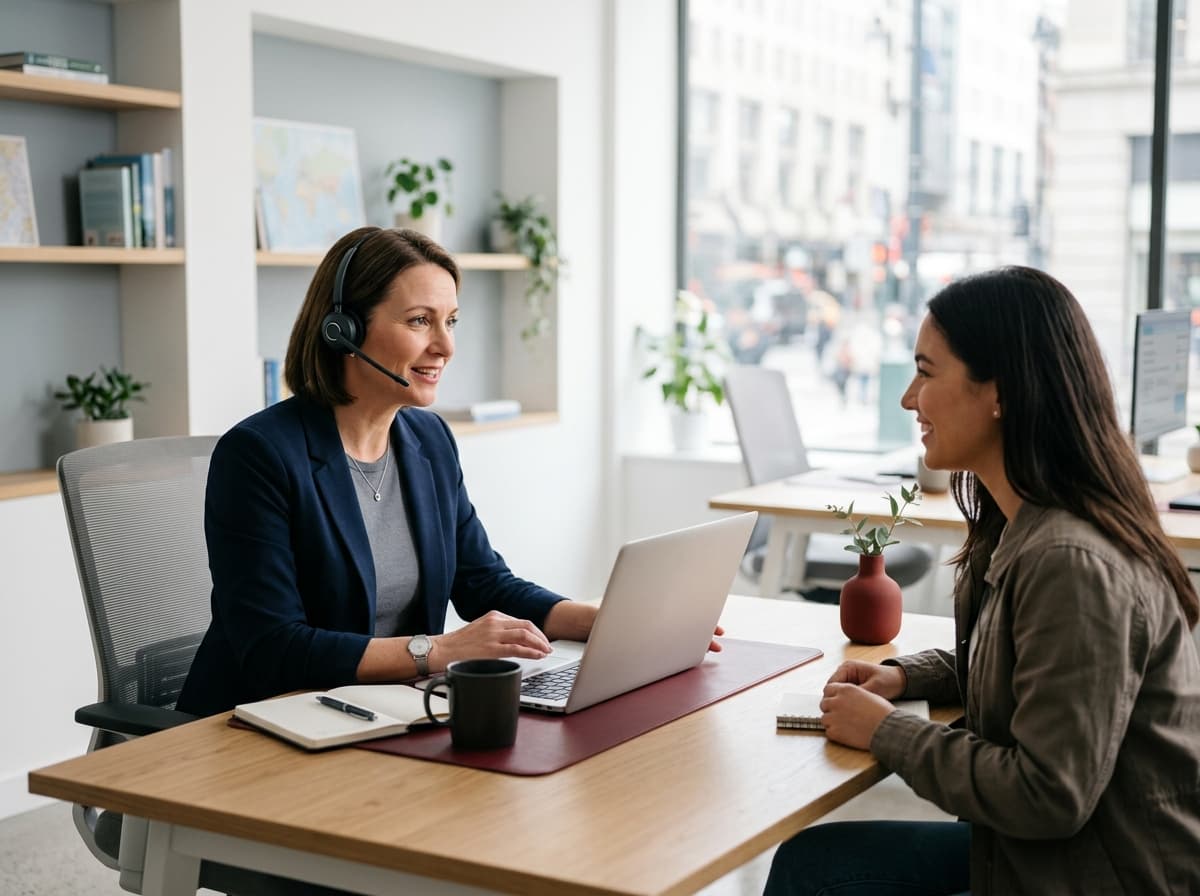 Travel manager helping a traveler in a bright support office