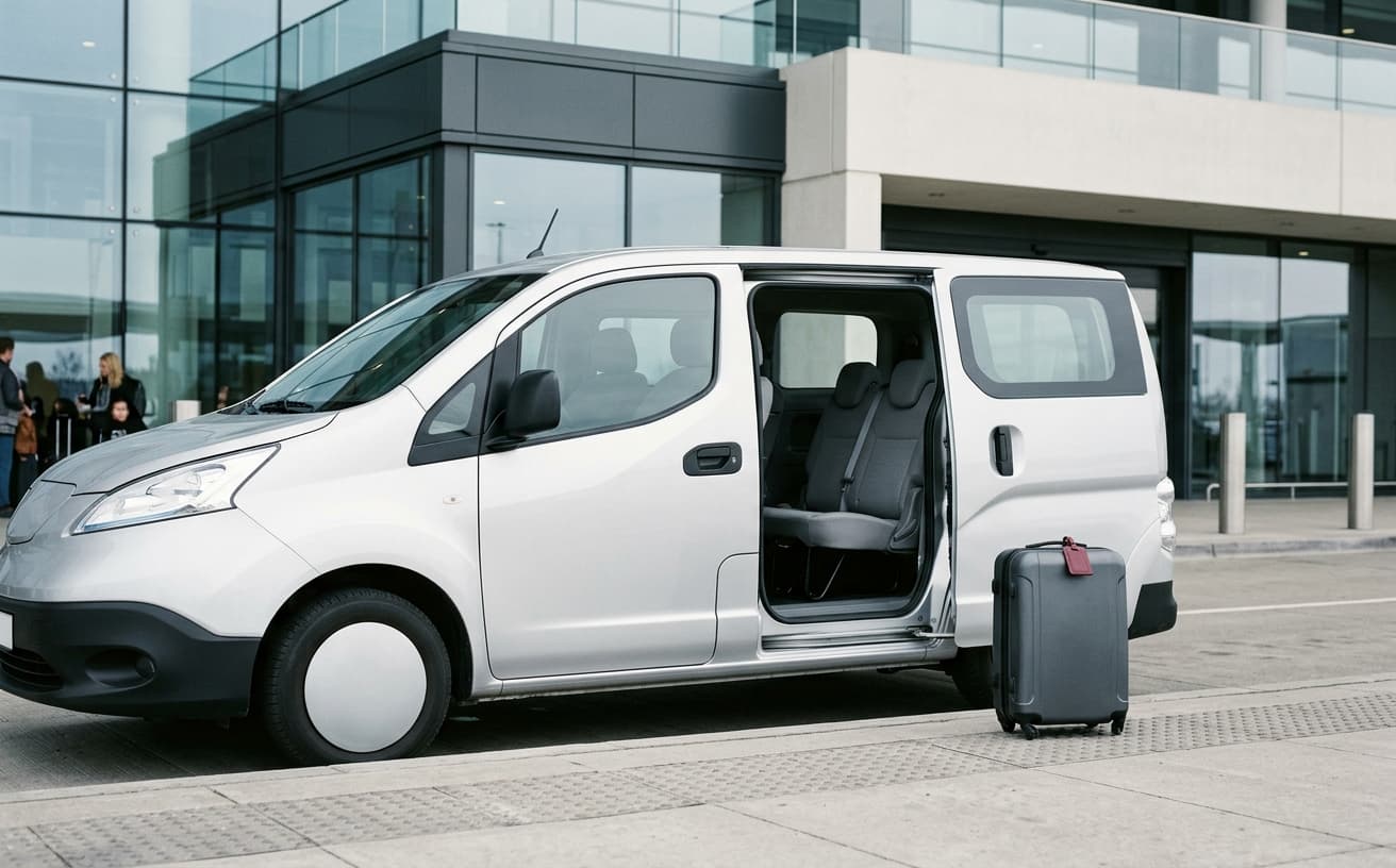 Unbranded airport transfer shuttle ready at a modern terminal