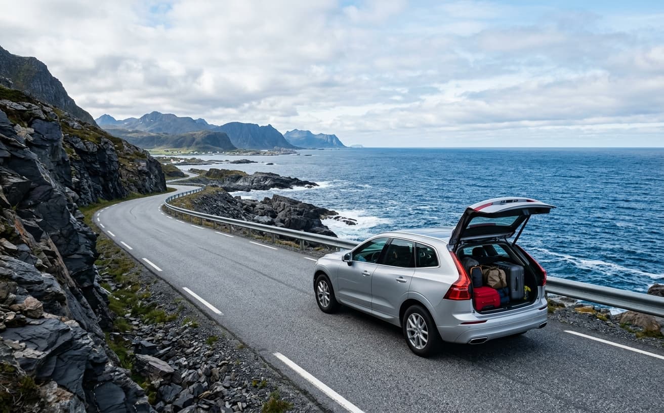 Silver hire car ready on a coastal road