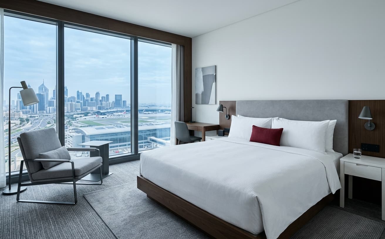 Contemporary airport hotel room in cool daylight