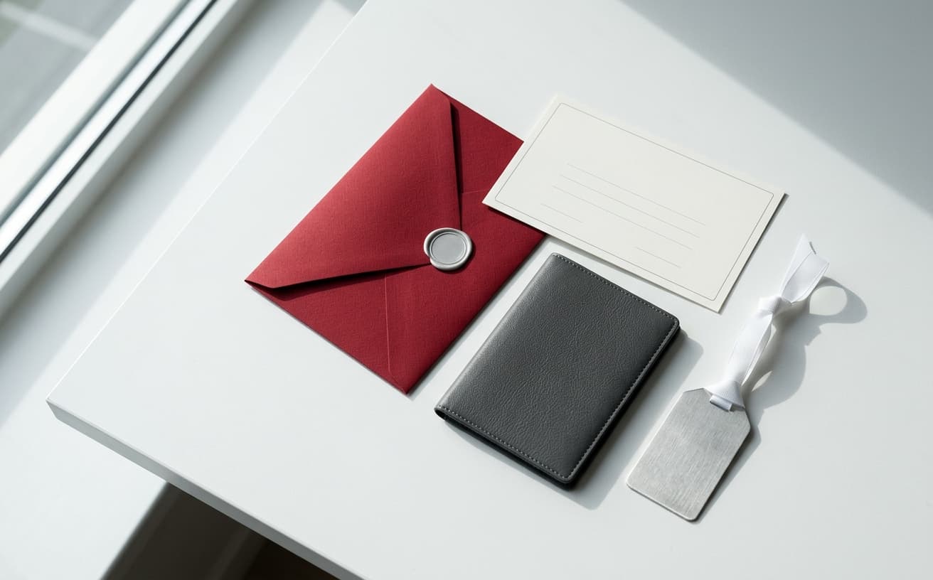 Red travel gift envelope with passport cover and luggage tag